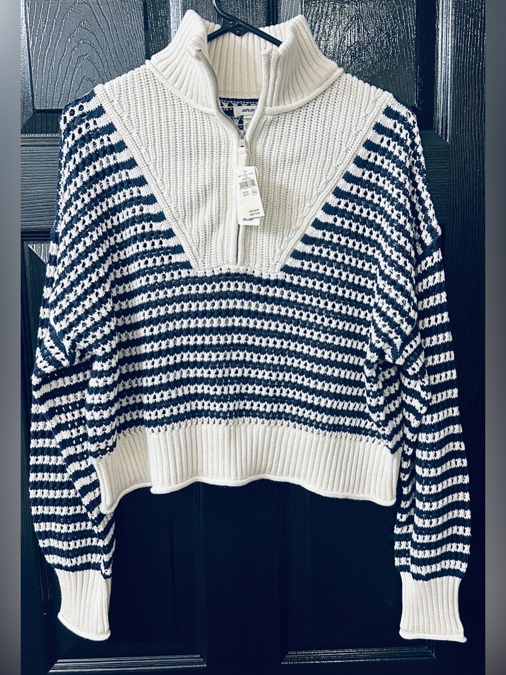 Aerie Women’s Crochet Quarter Zip Sweater Navy Blue & White XS/TP NWT